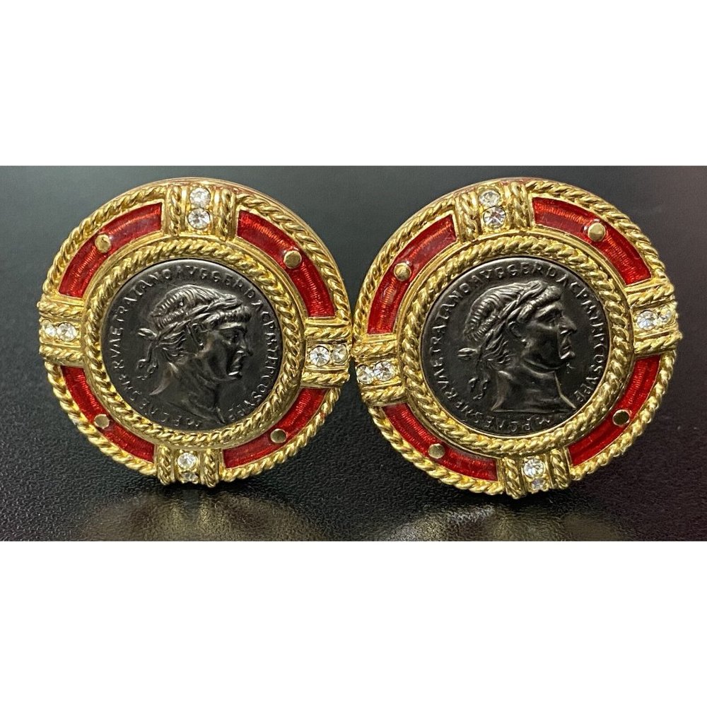 Swarovski Roman Caesar Coin Clip On Earrings Medallion Red Enamel Crystal